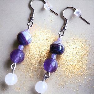 Purple Agate, Amethyst, Selenite and Sterling Silver Beaded Handcrafted Earrings